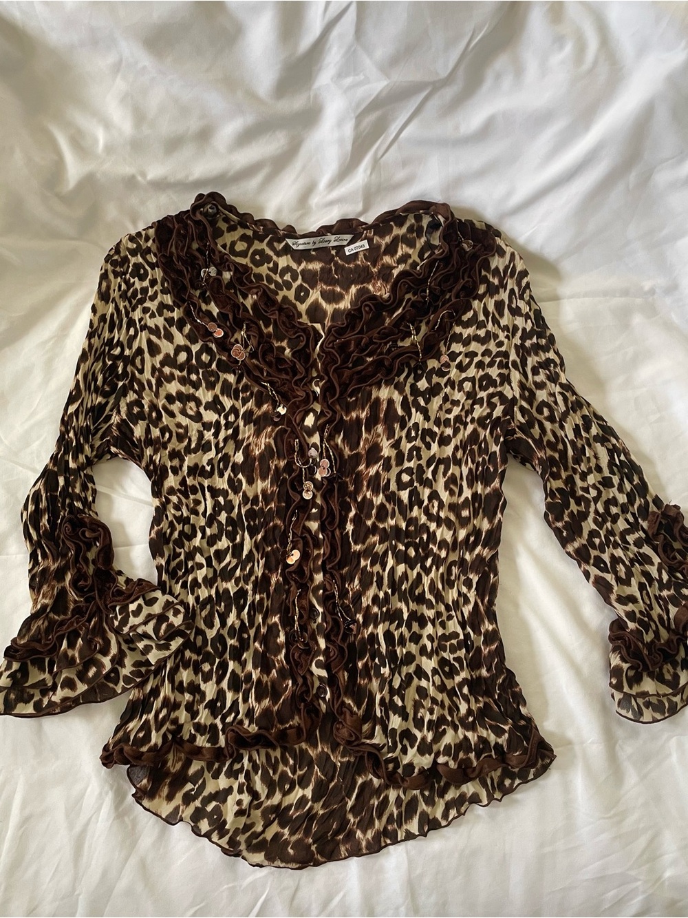 Larry Levine - Leopard Ruffle Blouse with Beaded Detail